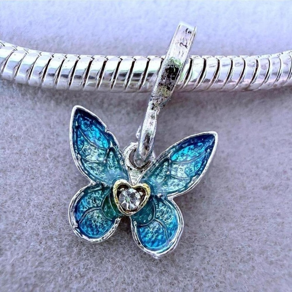 Blue Butterfly Heart Dangle Charm fits PANDORA